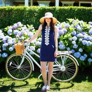 Lilly Pulitzer Callista Lace Embroidered Zip Front High Neck Shift Dress Navy L